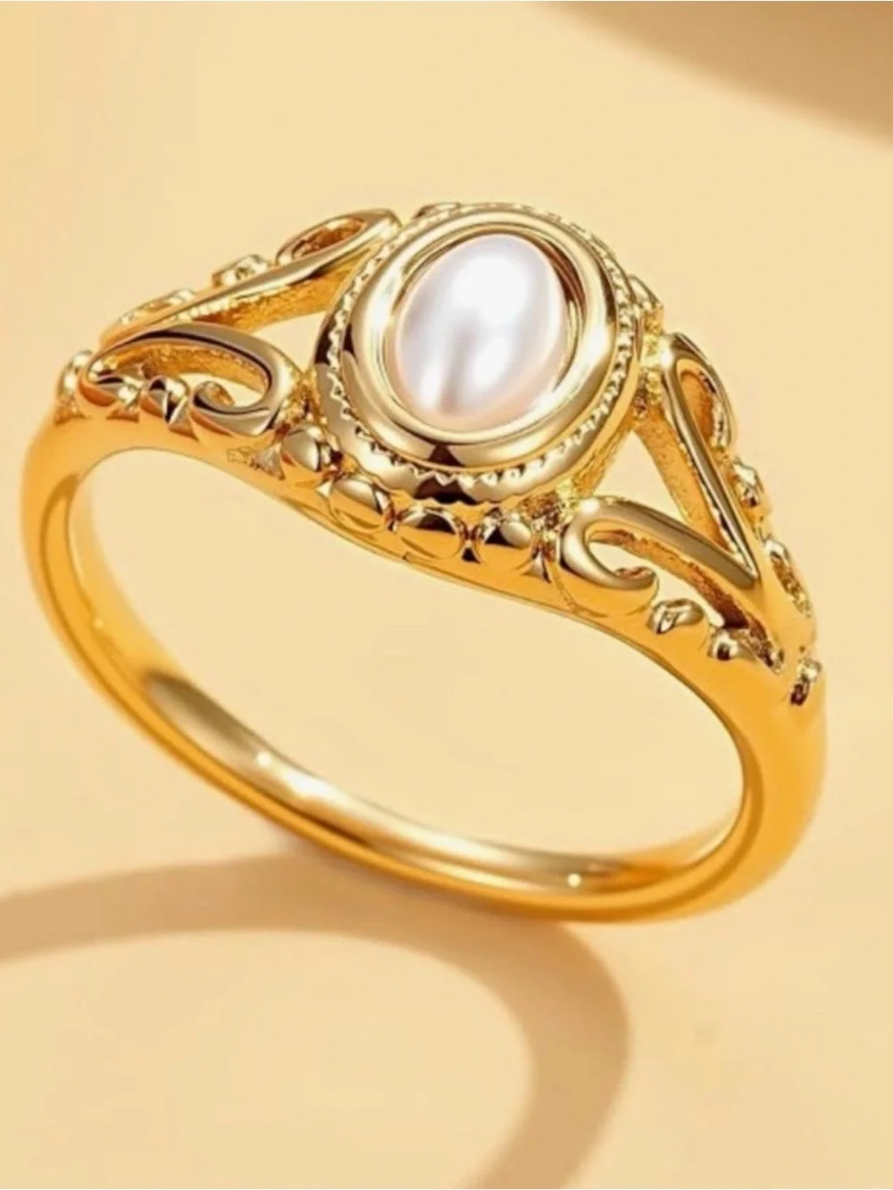 Gold Pearl Oval Filigree Ring - Women Jewelry